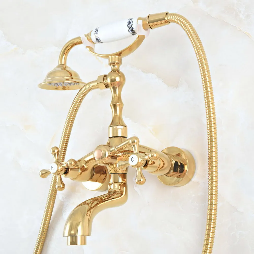 Imagem -03 - Ouro de Luxo Bronze Fixado na Parede Clawfoot Banho Torneira da Banheira Dupla Alça com Handshower Banho Chuveiro do Banheiro Conjunto Lna804 Cor do