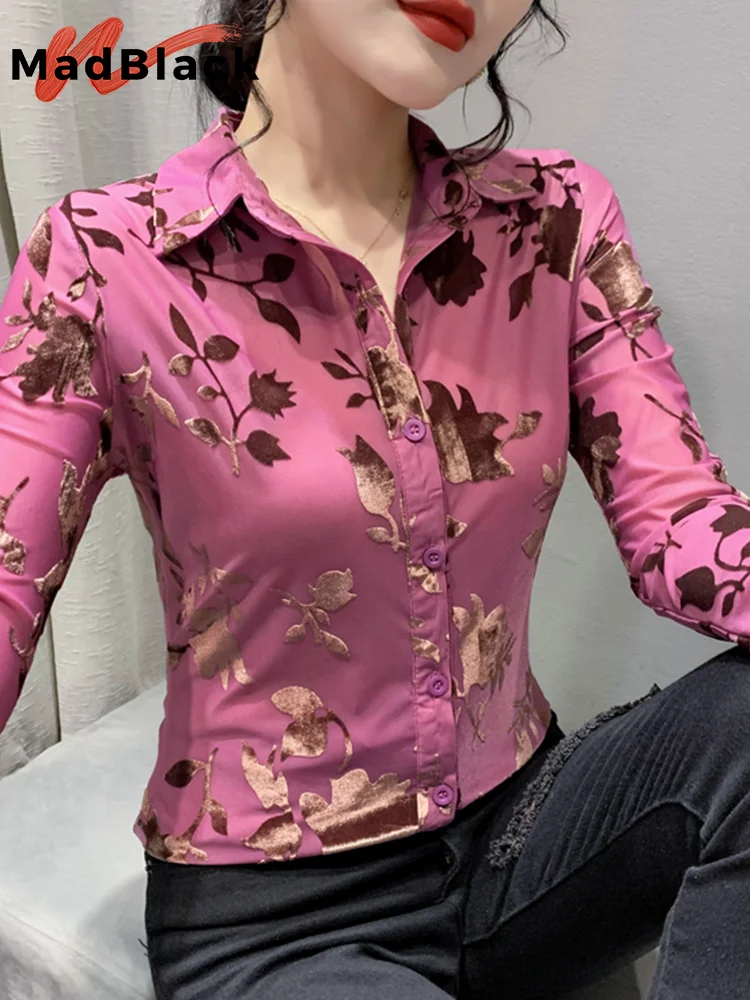 MadBlack Spring Flocking Printed Shirt Sexy Sheer Women Turn Down Collar Long Sleeves Mesh Tops Clubwear Shirts New Fall T32522Z