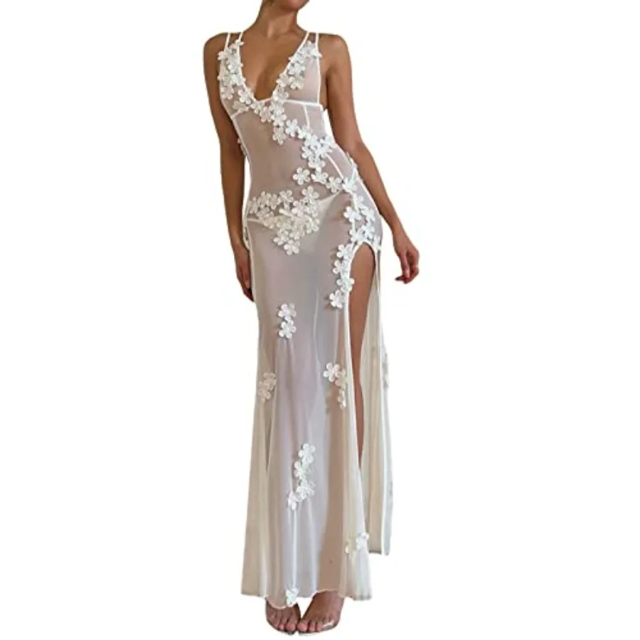 

Sexy See Through Sheer Lace Maxi Dress Patchwork Backless Bodycon Long Dresses Beach Vacation Party Wear