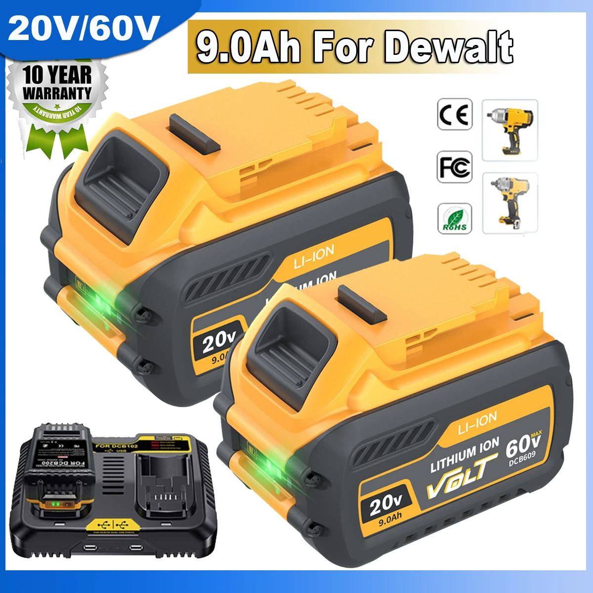 9.0Ah 60V Battery For Dewalt 20V Battery DCB609 Replacement Battery Li-ion Power Tool Battery For Dewalt Batteries With LED Lamp