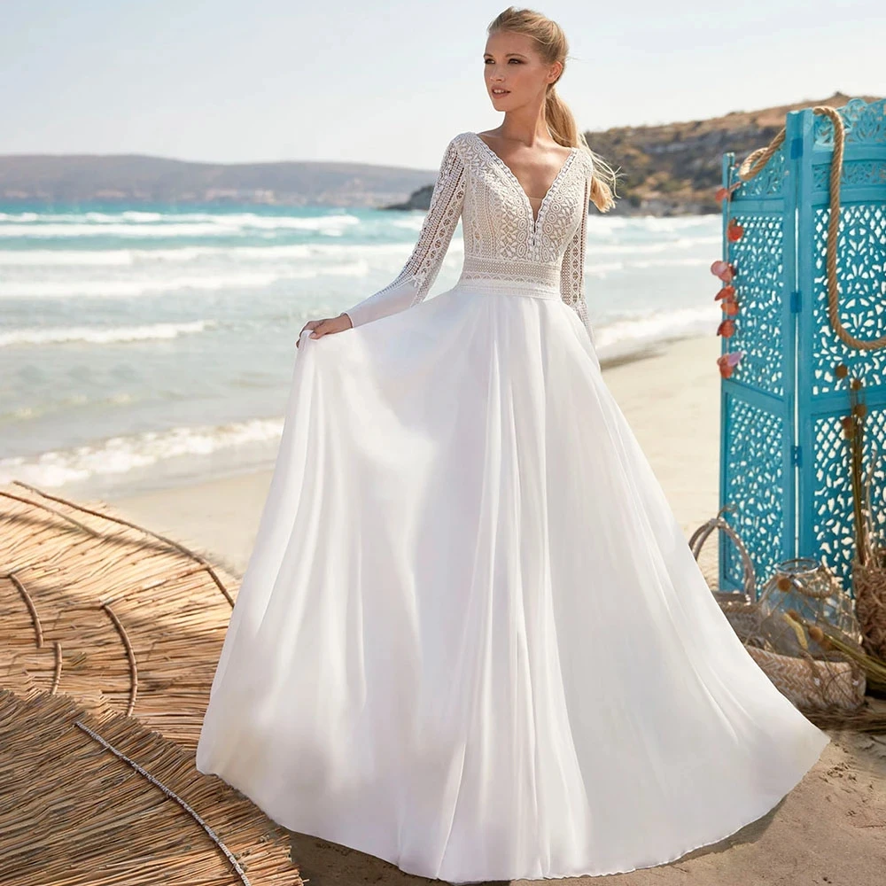 

Beautiful Gorgeous Deep V-neck Long Sleeves Mopping Wedding Dresses For Bride Appliques Backless Simple Bridal Gowns Beach 2023