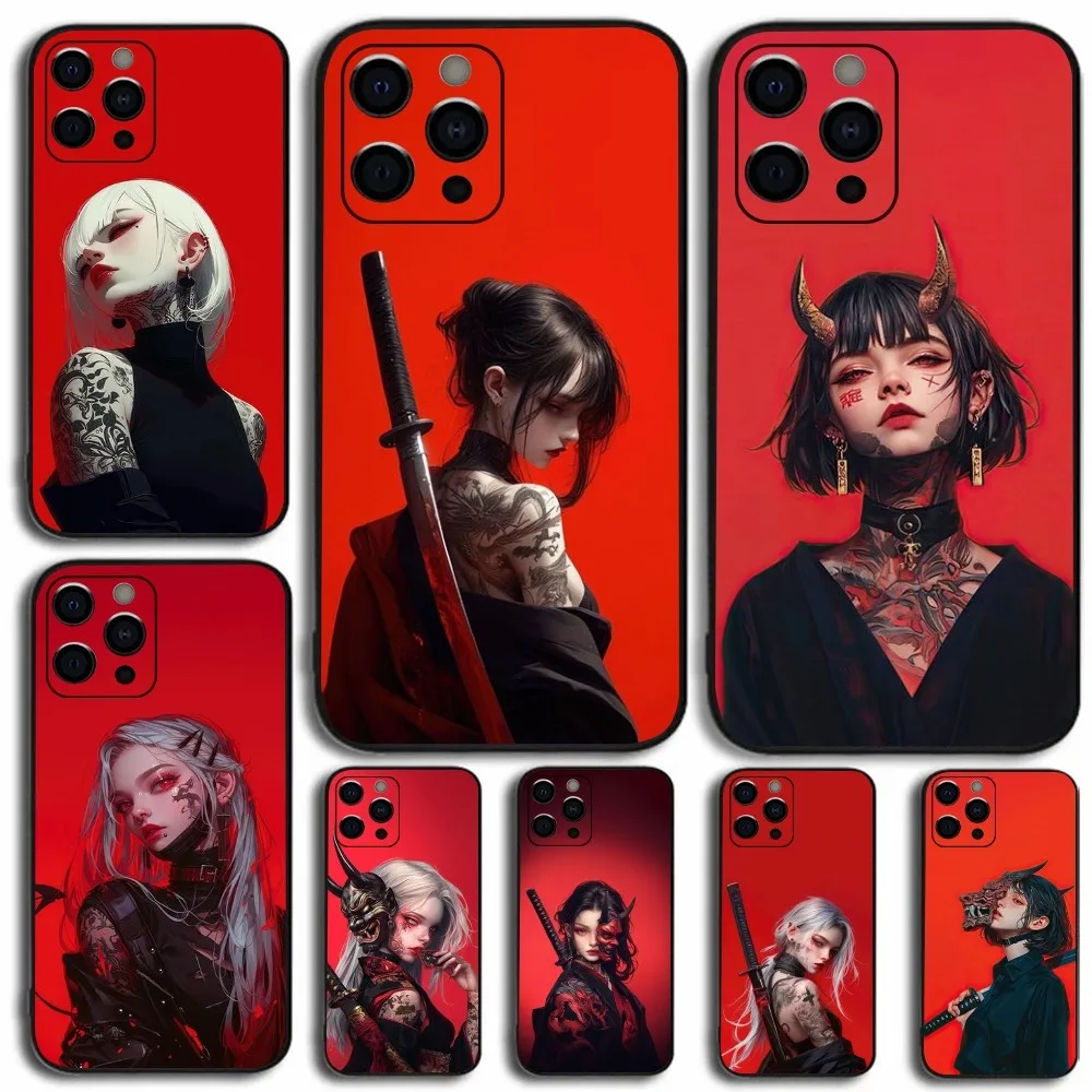 Samurai Warrior Geisha Phone Case For Apple iPhone 15,14,13,12,11,Pro,X,XS,Max,XR,Plus,Mini Soft Black Cover