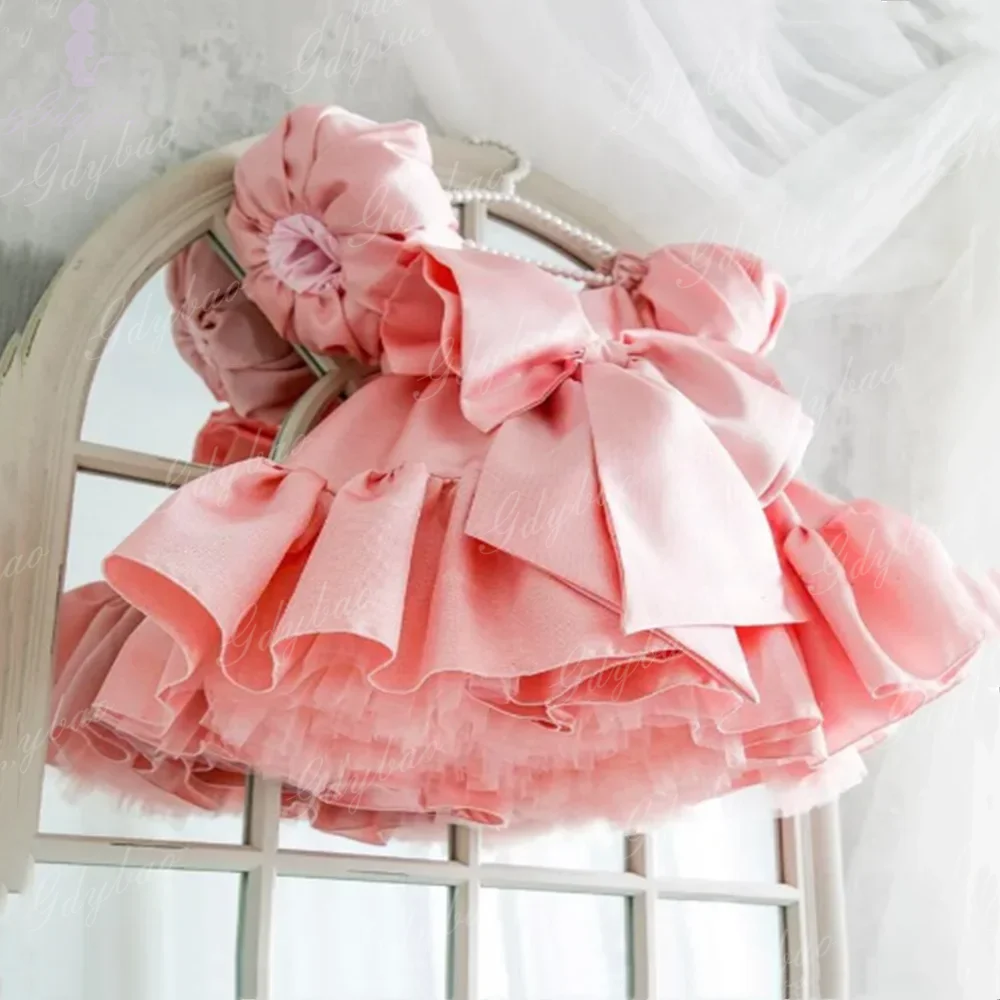 カスタムホワイトサテンバルーンスリーブガールドレスボウふわふわブライズメイドゲスト子供初聖体拝領誕生日パーティードレス