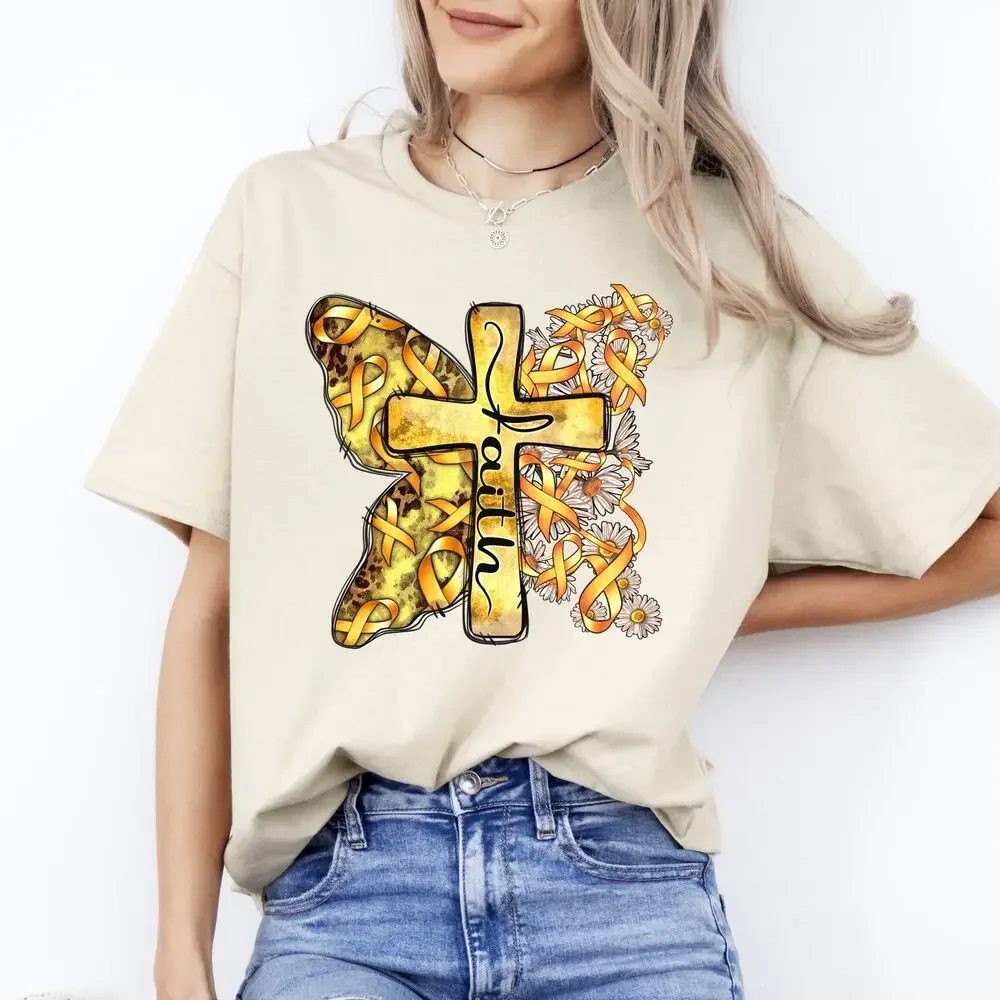 Faith child cancer cross T-Shirt gift gold ribbon child cancer awareness cross T tops Unisex Summer Short Sleeve