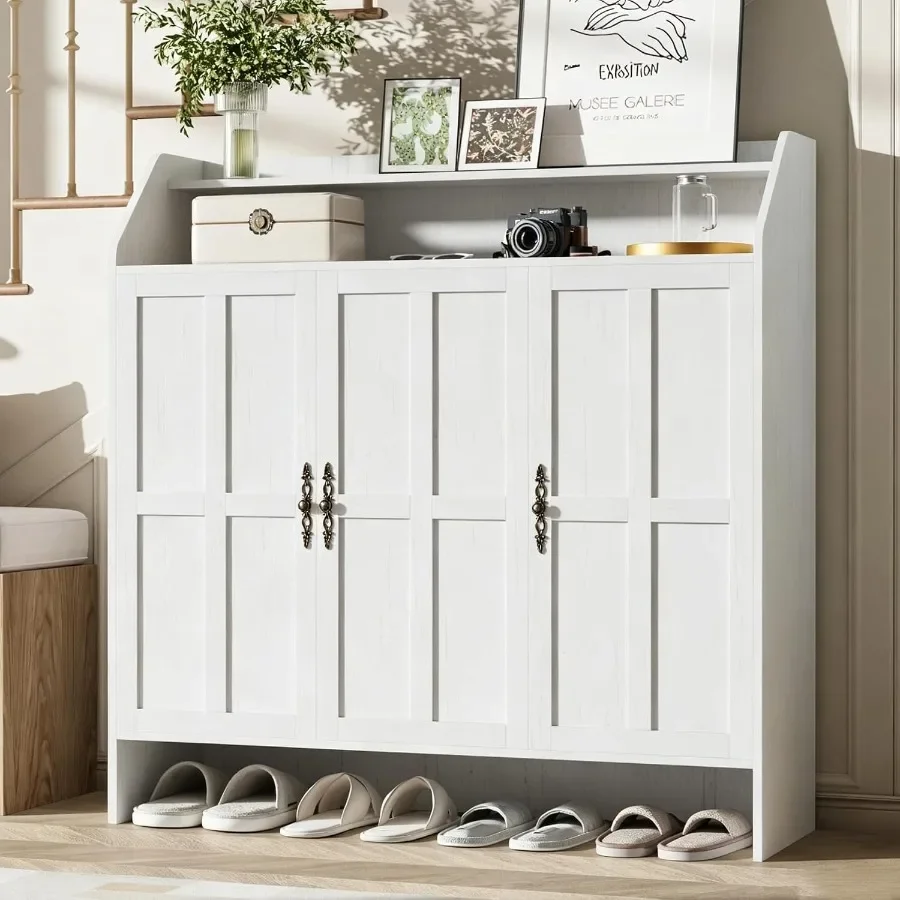 Farmhouse shoe cabinet for entryway use, made of engineered wood in white finish, featuring 3 doors and spacious storage capaci