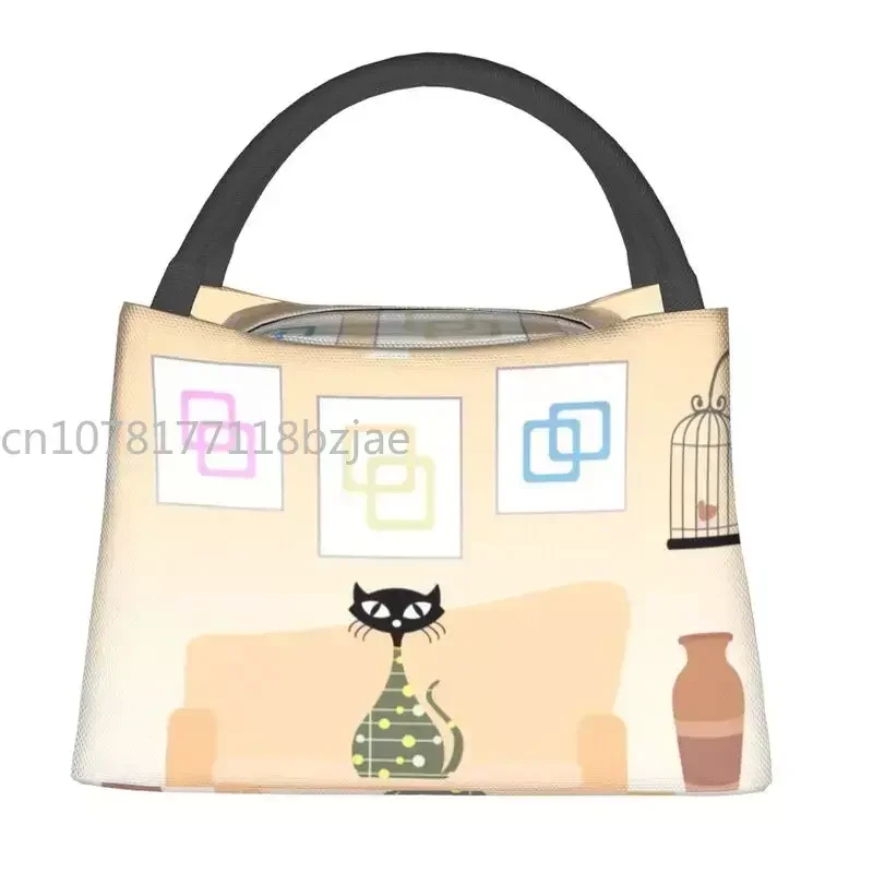 Mid Century Cartoon Meow Retro Atomic Black Cat Insulated Lunch Bags for Women Cooler Thermal Food Lunch Box Work Travel