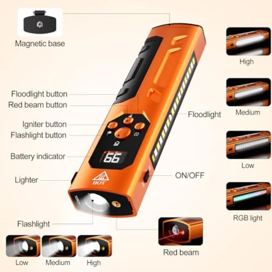 Rechargeable EDC Flashlight with Red Beam, Flat LED Flashlight with Magnetic Base and Clip, RGB Modes, Flameless Lighter, Pocke