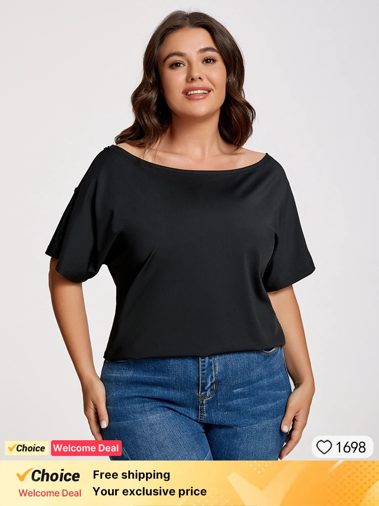 

Plus Sized Clothing Elegant Women's T-Shirt Casual Solid Black Boat Neck Loose Summer Button Detail Short Sleeve Office Top