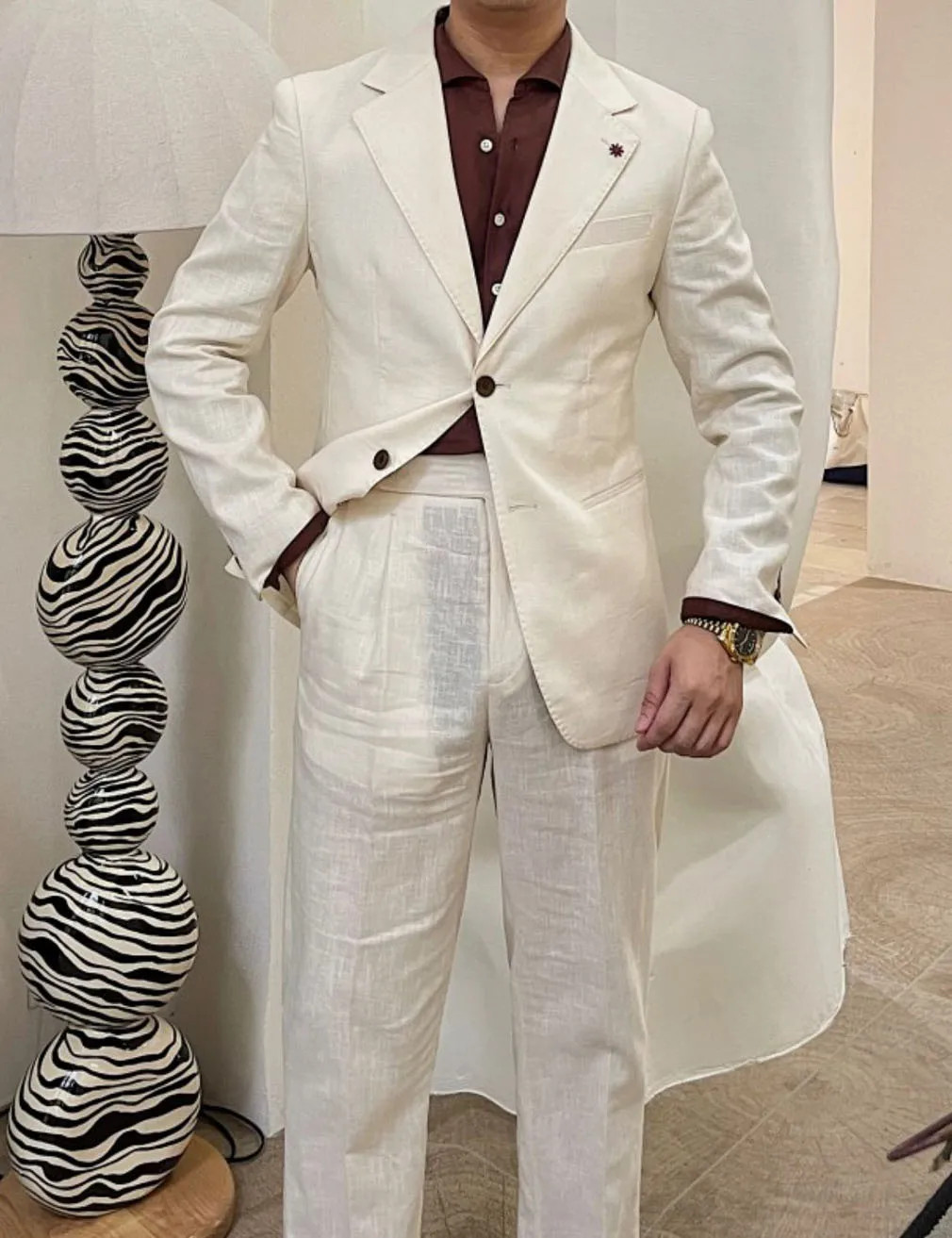 

White/ Blue/Beige Linen Summer Men Suits Notch Lapel Slim Fit Two Buttons Blazer Pants Groom Tuxedos Wedding Prom 2 Piece Sets