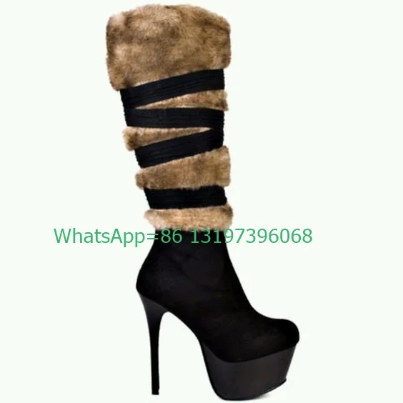 

Lady platform super heel suede fur boots lace-up feather stiletto heel knee boots dance new arrive platform boots size 35-46