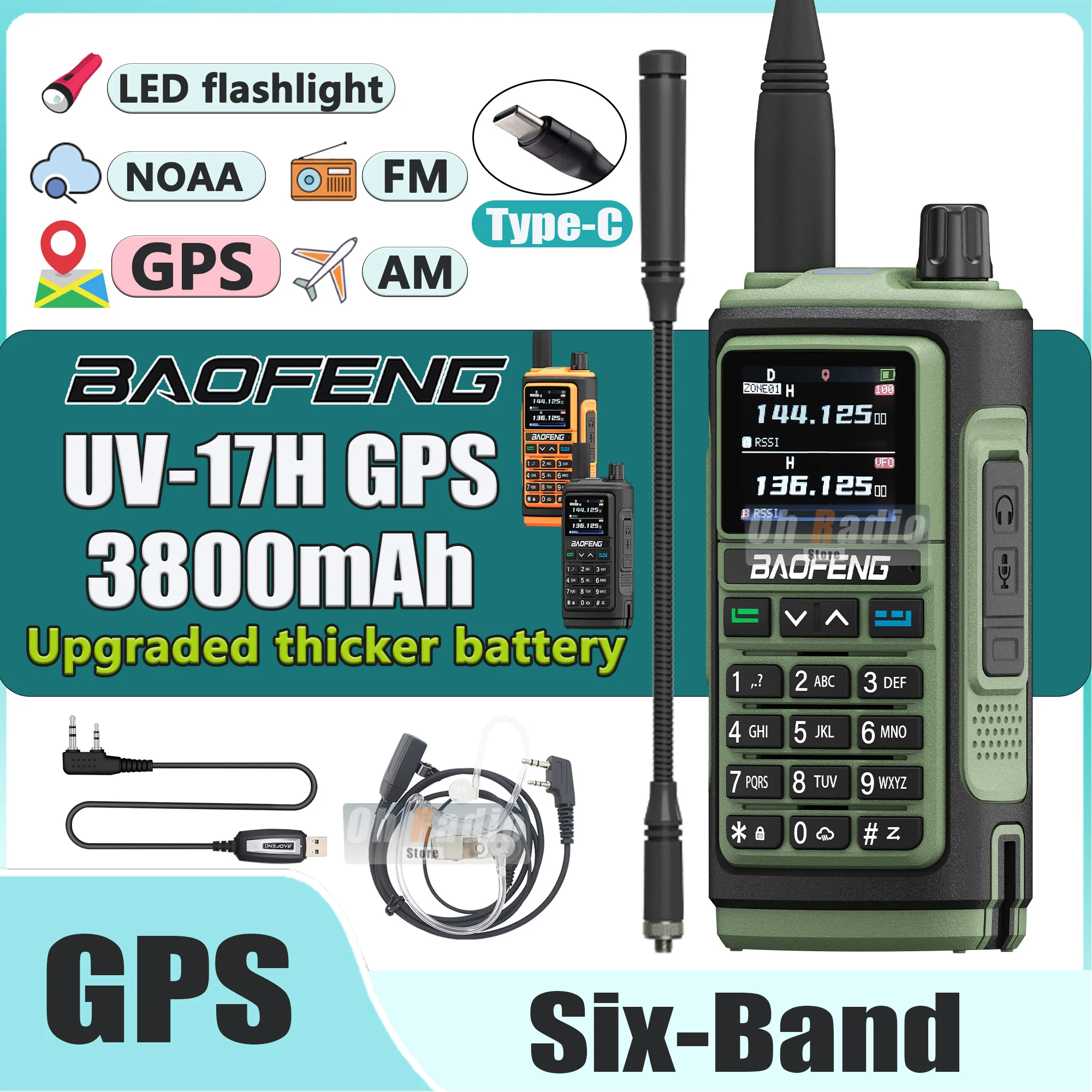 

BAOFENG UV-17H GPS Walkie Talkie Six-Band VHF UHF FM AM 999 Channel With LED Flashlight Type-C Charging Same UV-17 Pro Max Radio