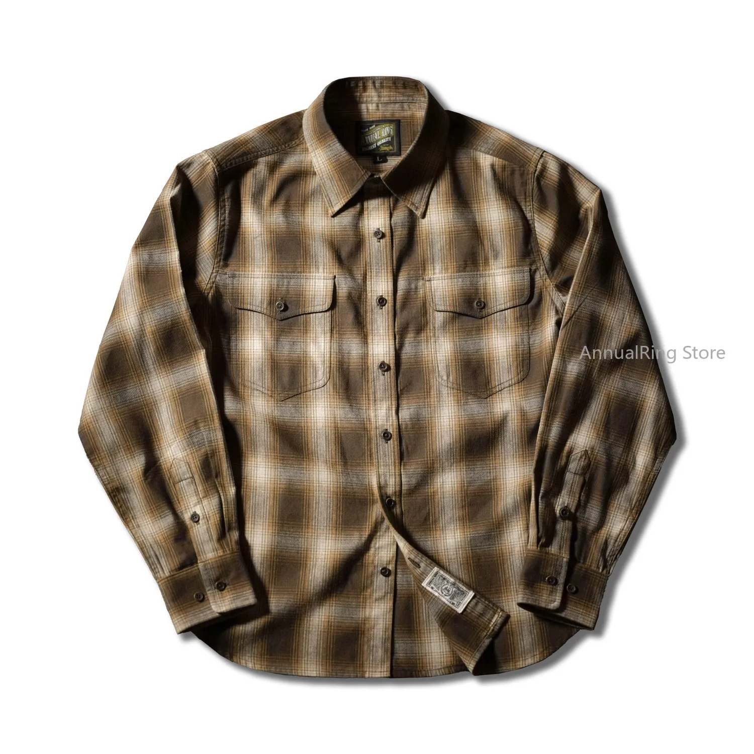 AnnualRing Men American Vintage Khaki Plaid Long Sleeve Shirt Casual Versatile Outerwear Blouse
