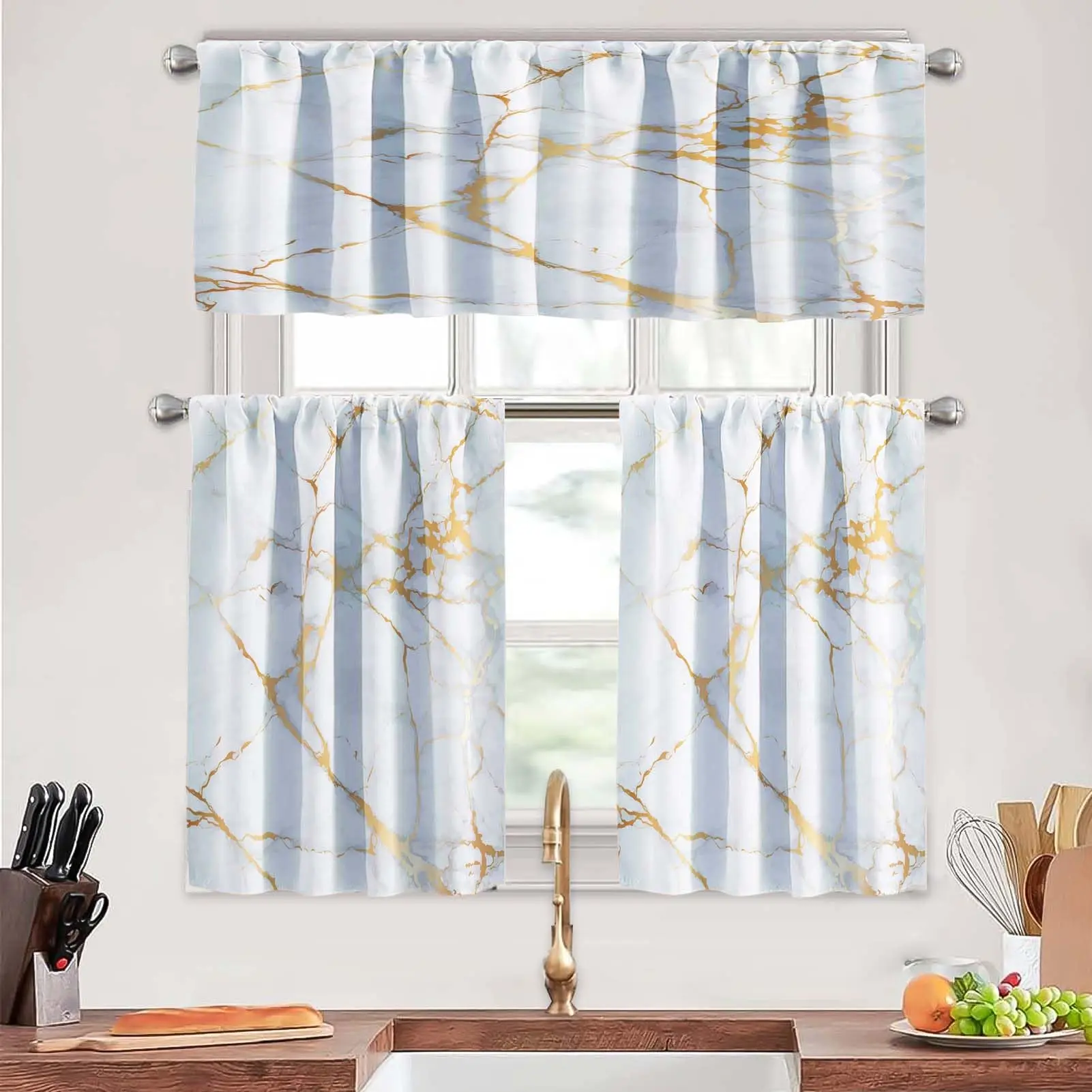Marble Gold White Kitchen Curtains 3 Piece Tier and Valance Set, Modern Vintage Window Valances for Kitchen and Living Room