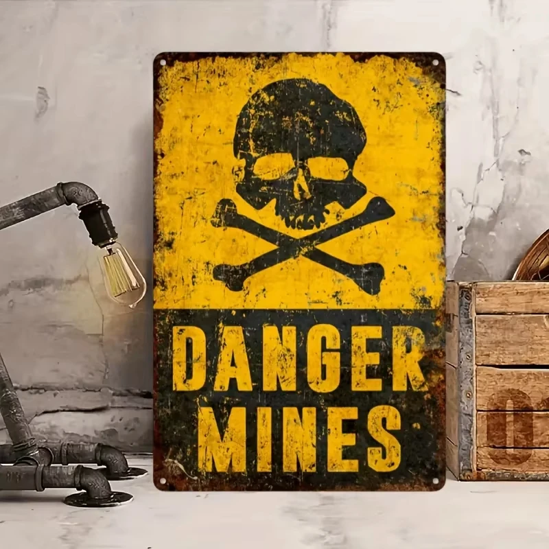 علامة تحذير معدنية عتيقة - جمجمة ريفية وعظمتين متقاطعتين _ DANGER MINES_ ديكور حائط للبار أو الفناء أو مادة حديدية لغرفة النوم، De