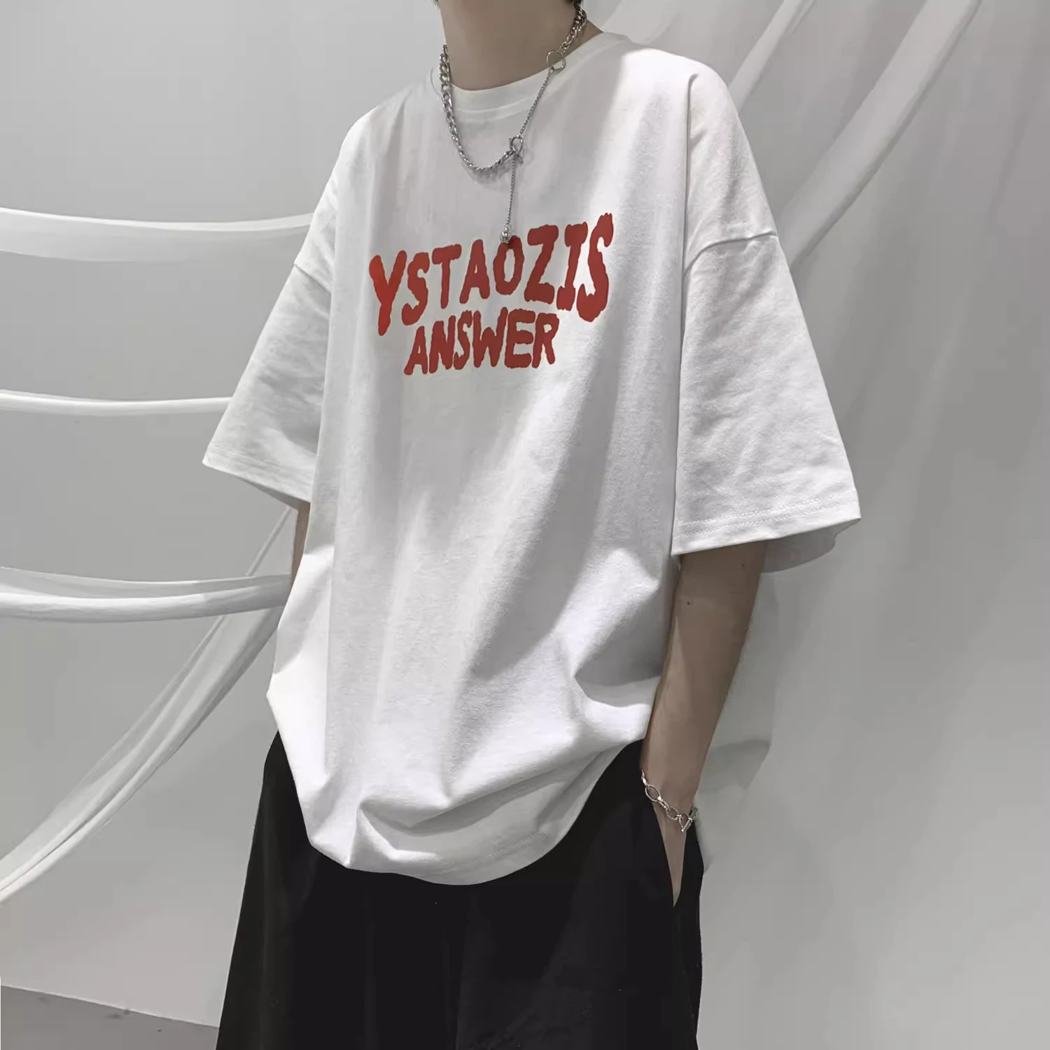 

Мужская летняя футболка оверсайз из хлопка с принтом, свободного кроя, с коротким рукавом, в американском стиле, с открытыми плечами, размер 300 Pou