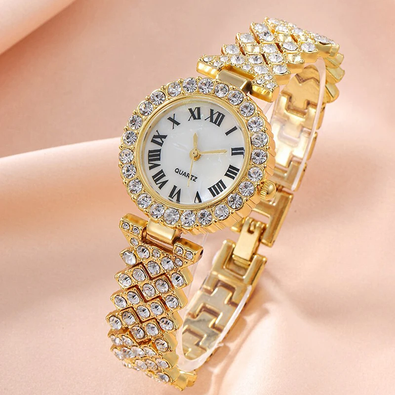 5Pcs/set Women\'s Watch Luxury Rhinestone Quartz Watch Fashion Wrist Watch & Heart Jewelry Set