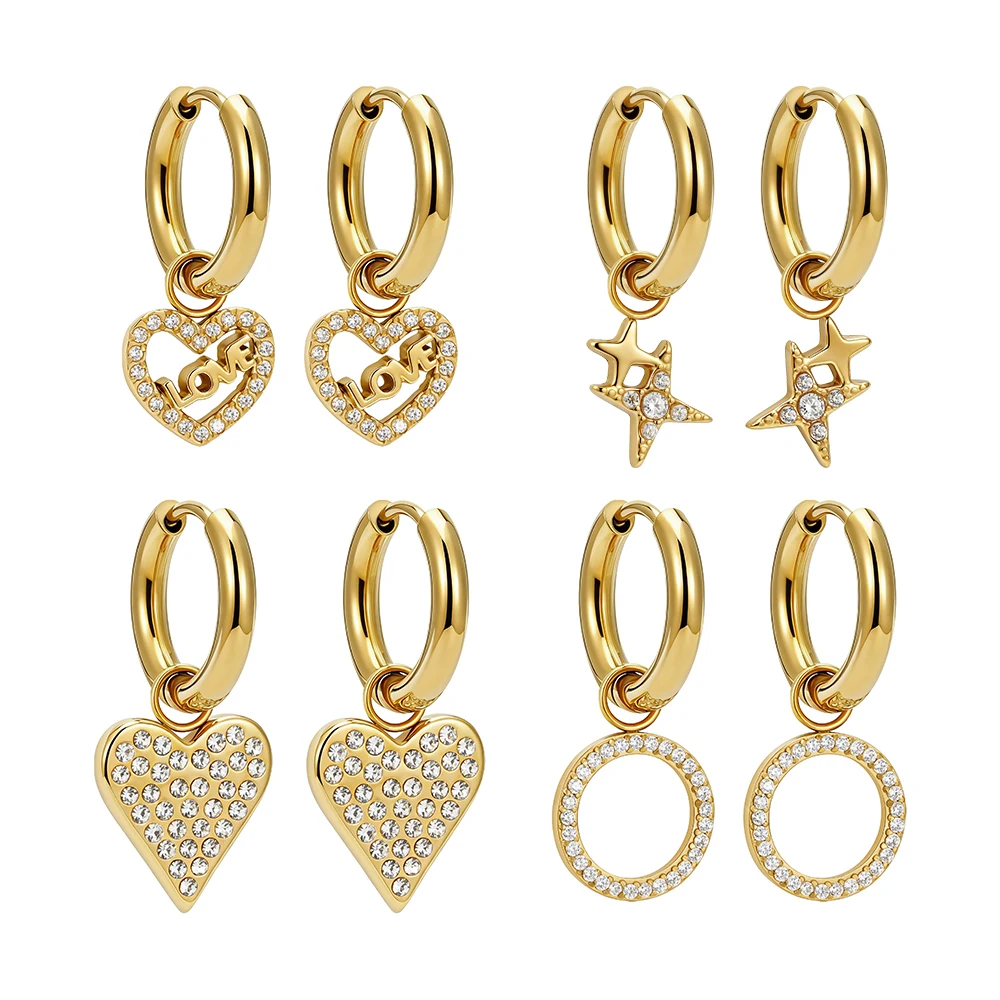 FINE4U Brincos de Argola Huggie com Zircônias (Modelos Coração, Estrela e Círculo) – Folheados a Ouro 18K – Tendência de Moda