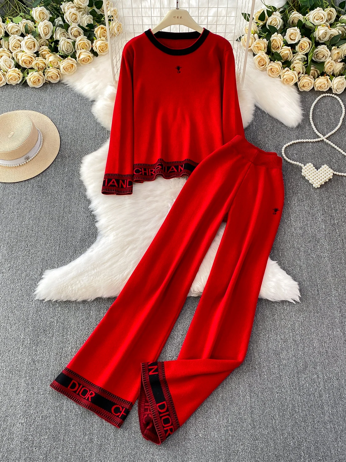 

Ele Ladies' Knitted Ensemble with Embroidered round Ne Long Sve Top And High Waist Wide Leg Pants Faionable Korean...