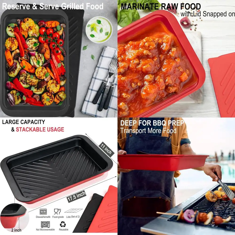 

Deep Dish BBQ Prep and Serve Trays with Lids, Ideal for Marinating, Cooking, and Storing Food, Dishwasher Safe, Black with Red A