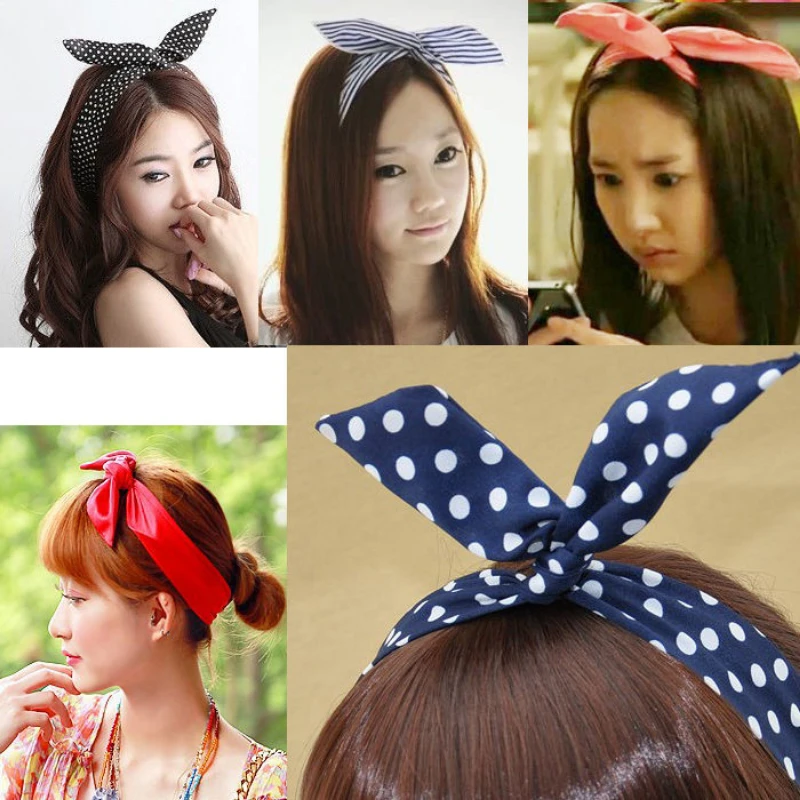 Internet Celebrity Stripe Hair Accessories Iron Wire Cross Knotted White Dot on Red Background Activity Rabbit Ears Bow Headband