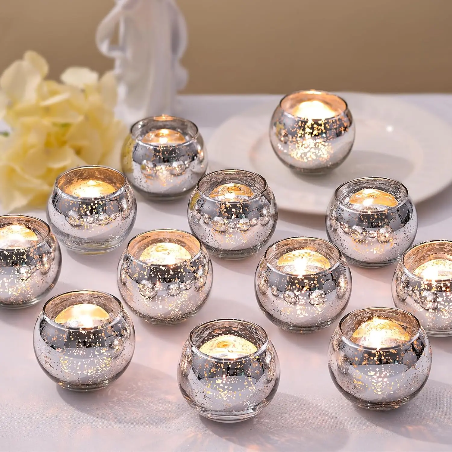 

36pcs Silver Votive Candle Holders - Elegant Mercury Glass Tea Light Set for Weddings & Home Decor