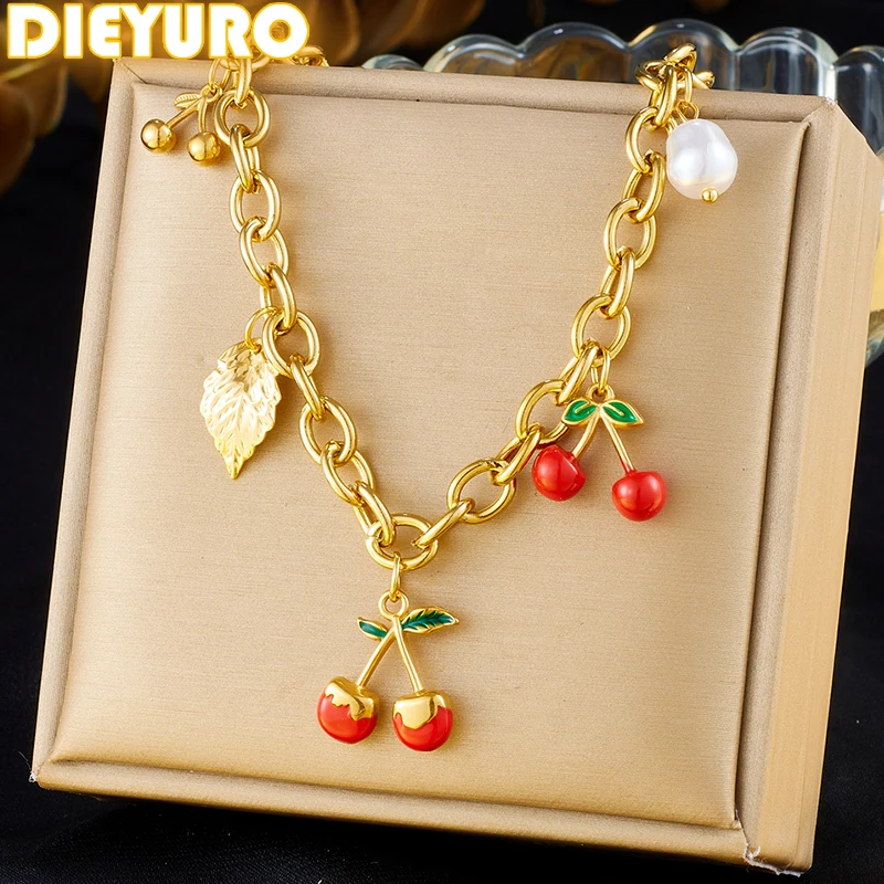 DIEYURO 316L Stainless Steell Red Fruits Cherry Shaped Pearl Many Pendants Necklace For Women New Neck Chain Jewelry Party Gift
