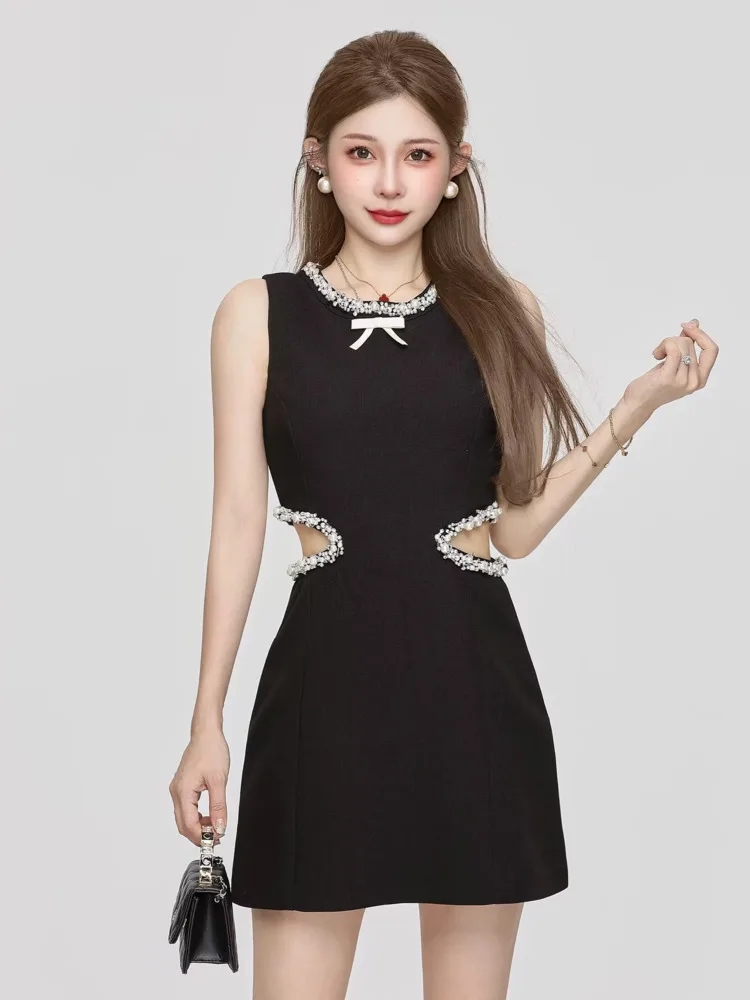 

French Elegant Pearl O-neck Small Fragrant Summer Dress Woman 2025 New Girl Fashion Sweet Mini Party Dresses Vestido Femininos
