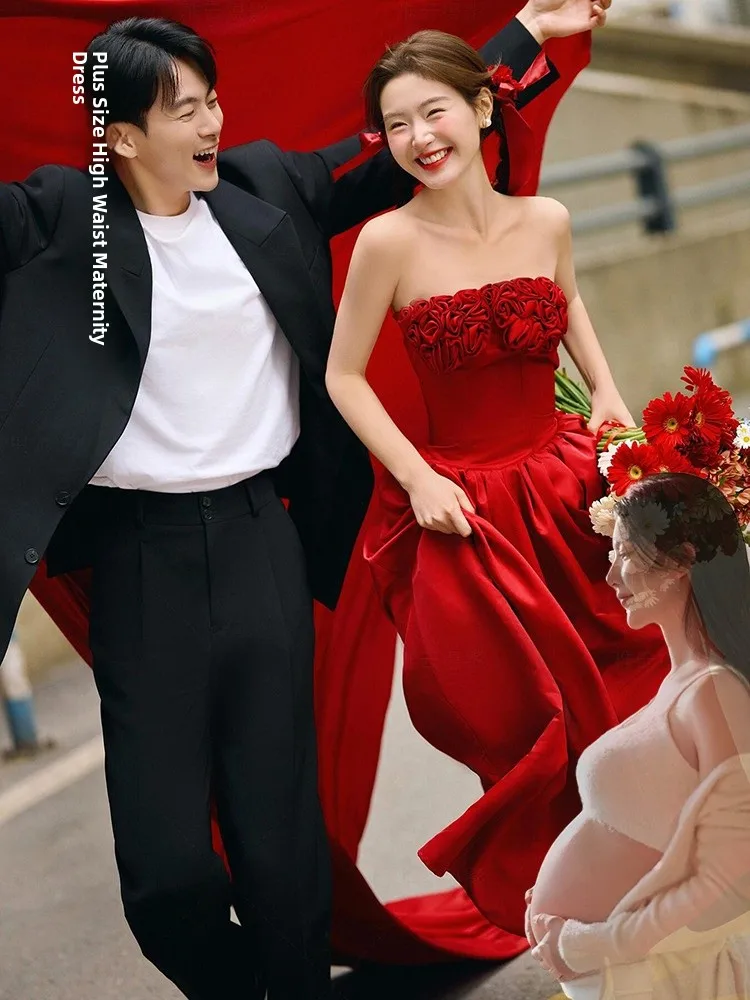 

plus Size Wedding Dr Red Materni Gown Bridal Morning Robe Fem Ele Off-oulder Long Skirt Formal Par Dr