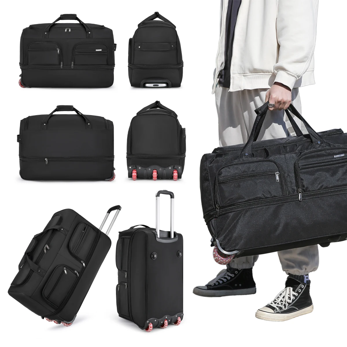 حقيبة فحص الطيران قابلة للطي في الخارج حقيبة أمتعة متحركة مع عربة أمتعة سفر المتداول حقيبة تخزين السفر حقيبة الأمتعة للرجال سعة كبيرة جدًا