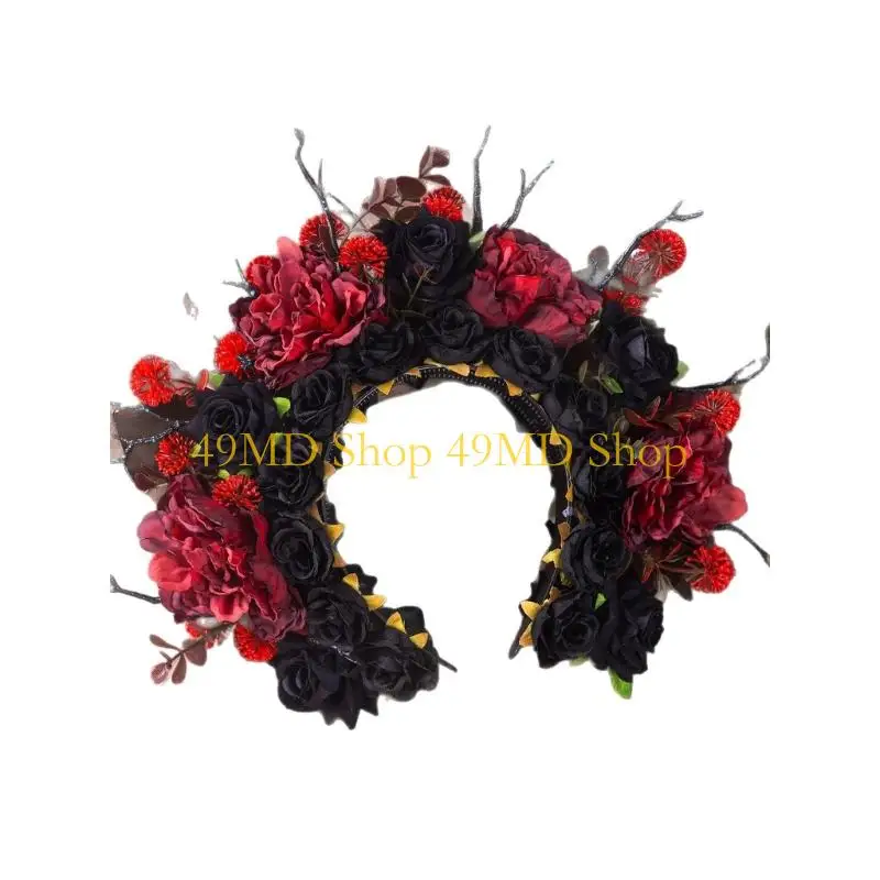 49MD Baroque Floral Headband With Cloth Fabric Roses For Women Gothic Wedding Hair Accessories Dark Black Red