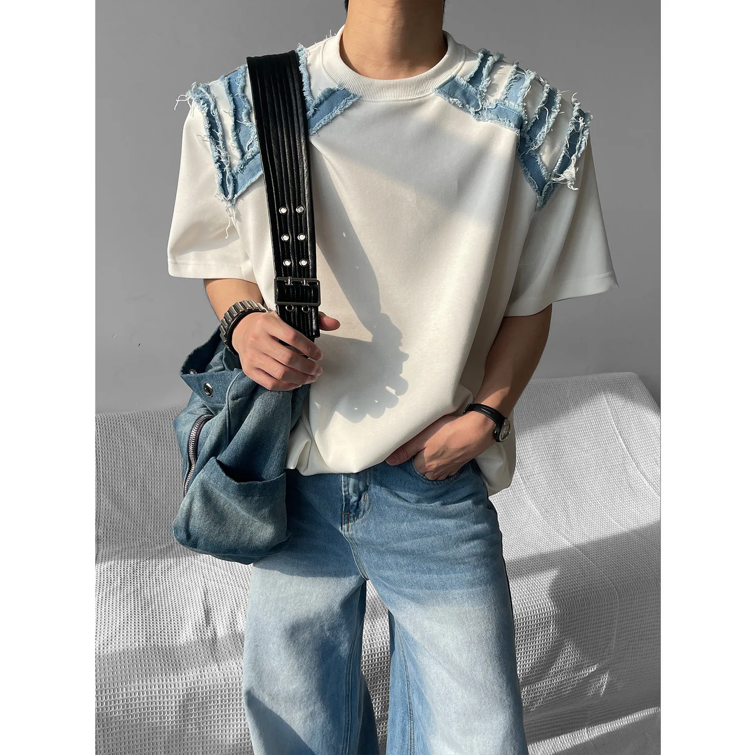Denim Shoulder Panels Design Short Sleeve Mens T Shirts Summer Streetwear American Trendy Loose Casual O-Neck Harajuku T Shirts