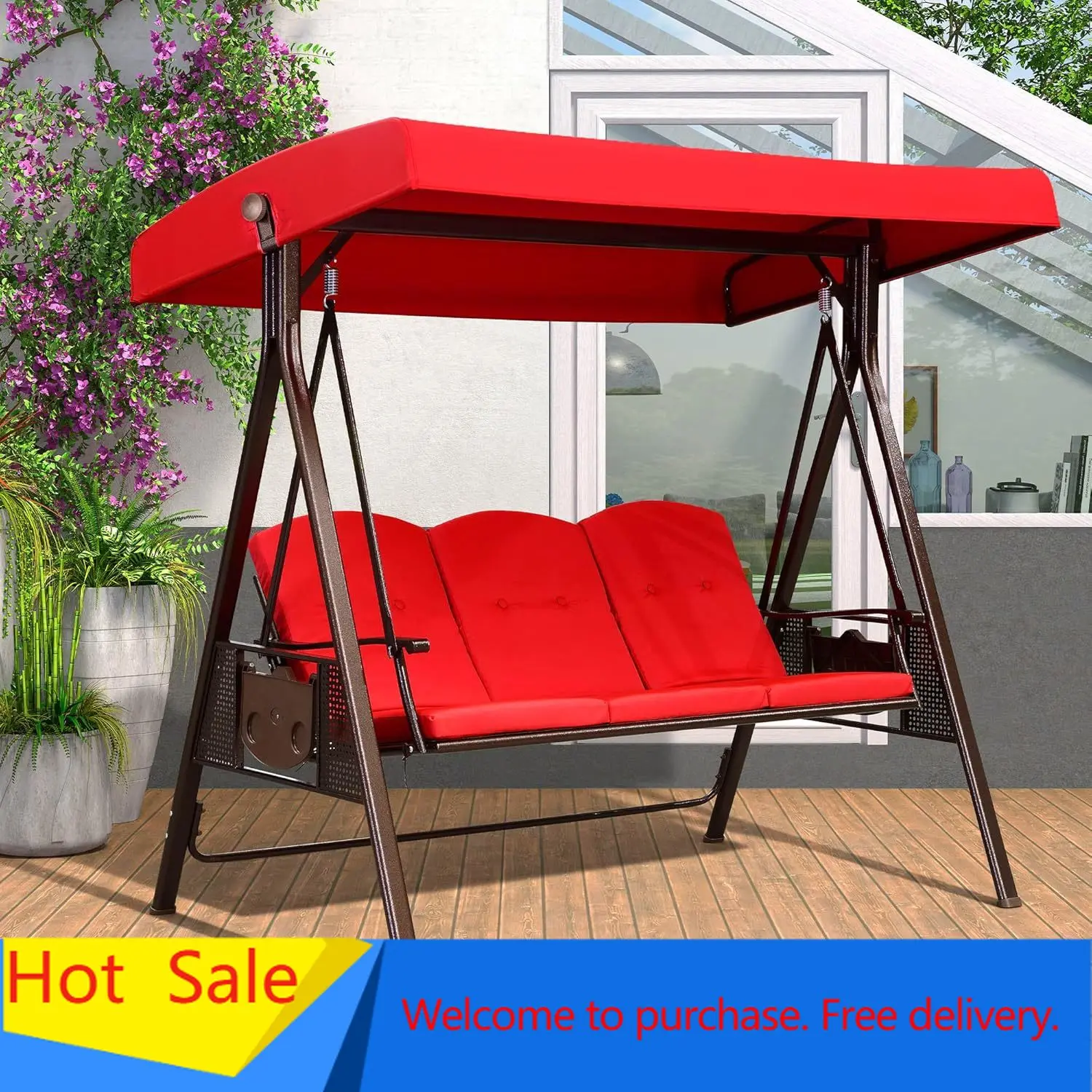 

Горячая распродажа: 3-местные садовые качели класса люкс с устойчивой к атмосферным воздействиям стальной рамой, регулируемым навесом, подушками и подушечками для головы.