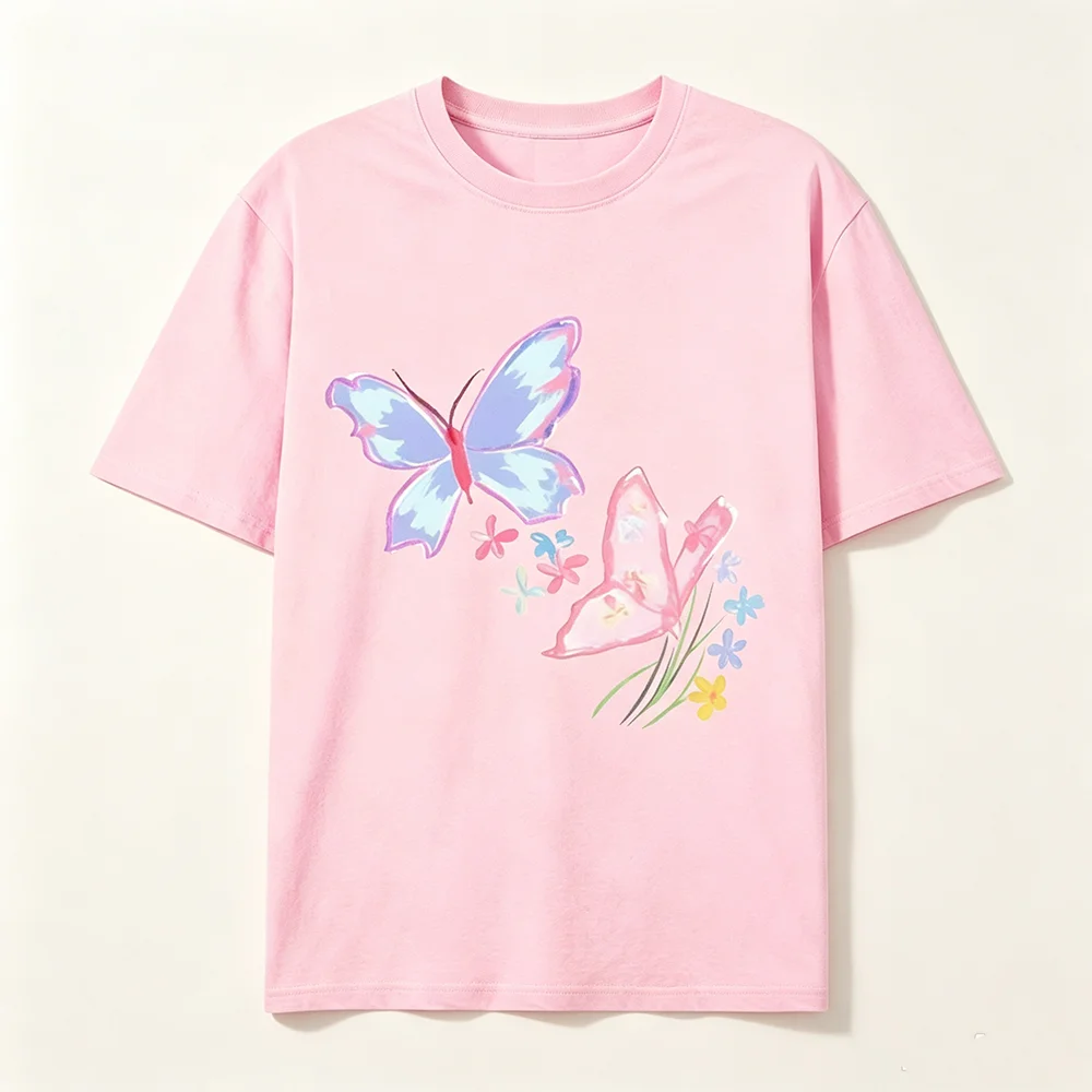 Pastel Butterfly Floral Graphic T‑Shirt Women Aesthetic Vintage Short Sleeve Tees Summer Casual Loose Fit Tops