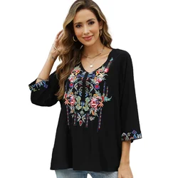 Eaeovni Embroidered Tops for Women 3/4 Sleeve Peasant Blouse Mexican Shirts V Neck Traditional Tunic Casual Tops