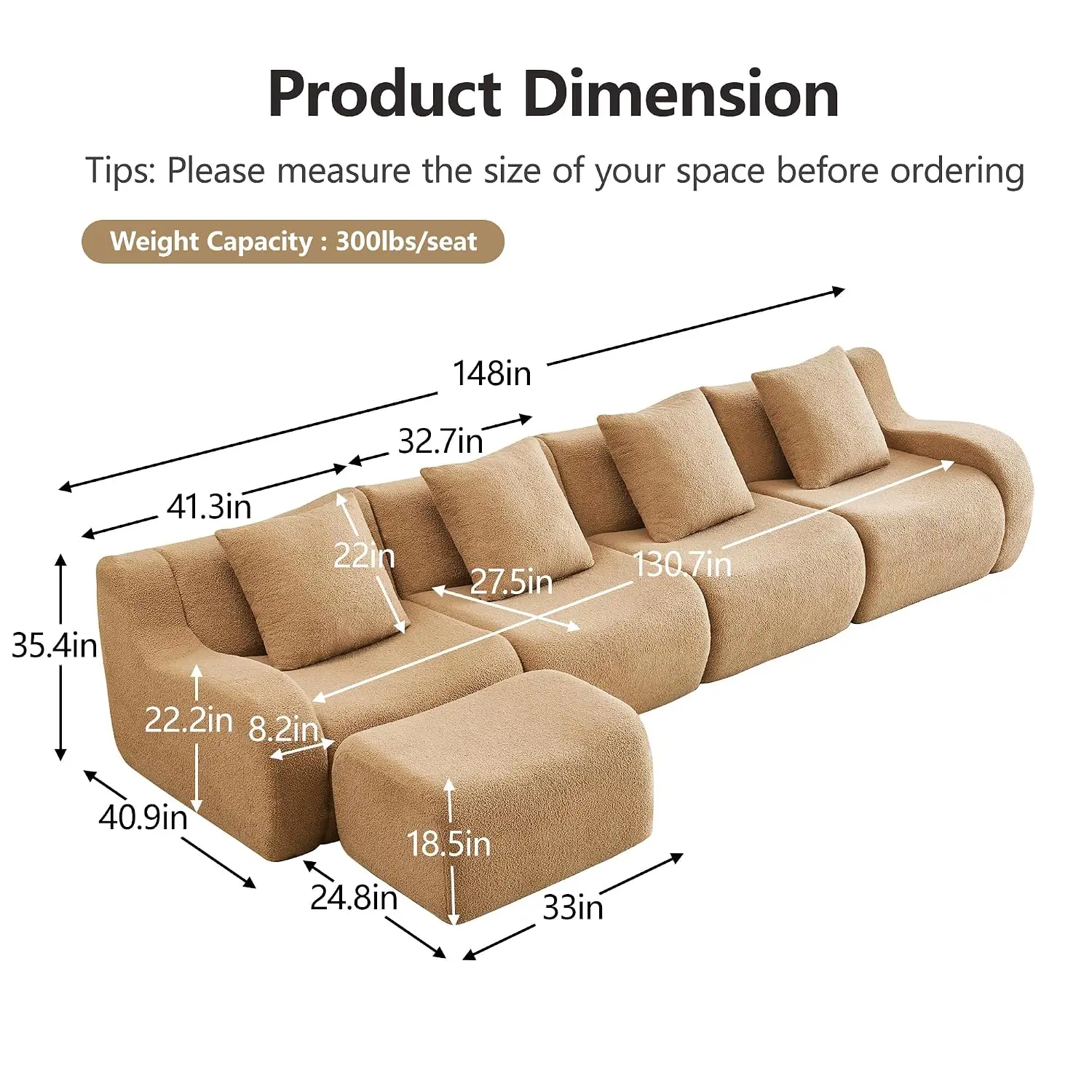 Oversized Modular Sofa, 148 Inch Sectional with Deep Seat, 4 Seater for Living Room Apartment, No Assembly, L Shaped, Customized