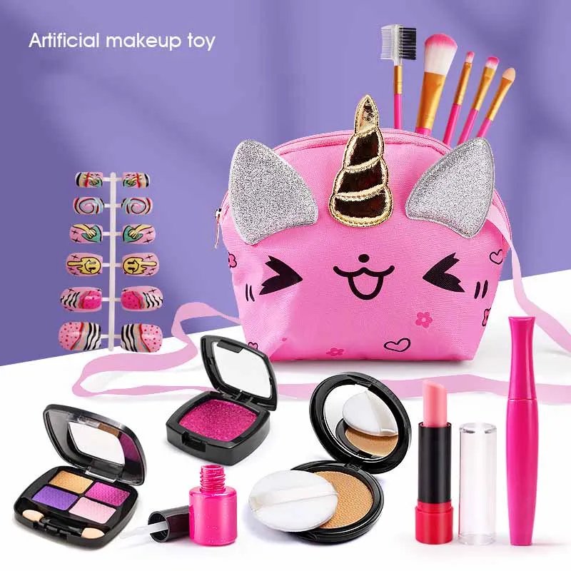 Brinquedos cosméticos para crianças, Cute Cartoon Unicorn Bag Set, Play House Toys, Simulação maquiagem para meninas, presentes de aniversário, Novo, 2024