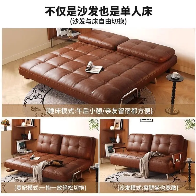 2025 new folding sofa bed single dual-purpose storage retro small apartment retractable study lunch break leather art sofa