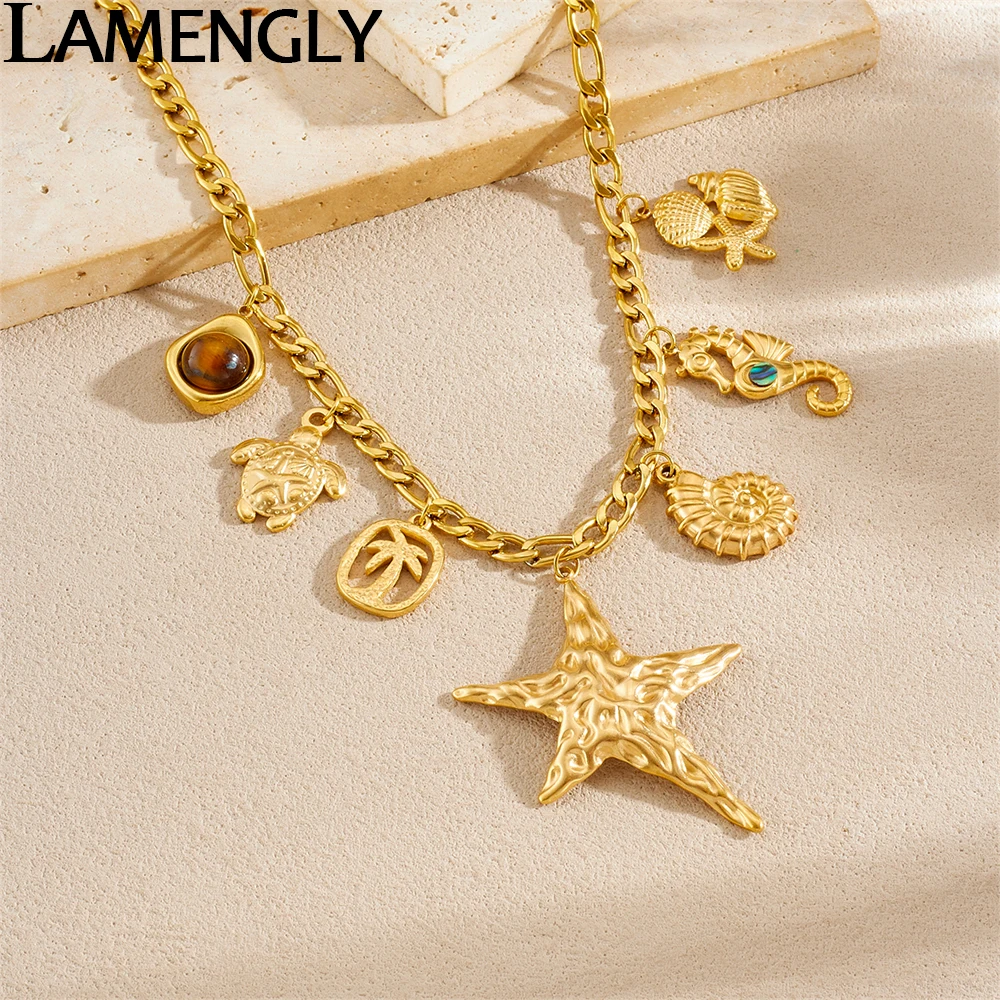 

LAMENGLY 316L Stainless Steel Marine Animal Starfish Conch Seahorse Pendant Necklace Women Beach Vacation Style Neck Chain Party