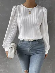 2023 Fall New Casual Solid Round Neck Long Sleeve Shirts White Women's Blouses