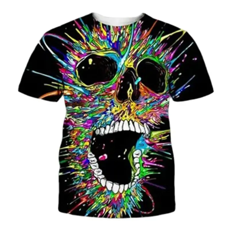 Camo Skull Graphic 3D Harajuku Print New Trend Avant-Garde Street Hip-Hop Personality Men's Round Neck Short Sleeve T-shirt Tops