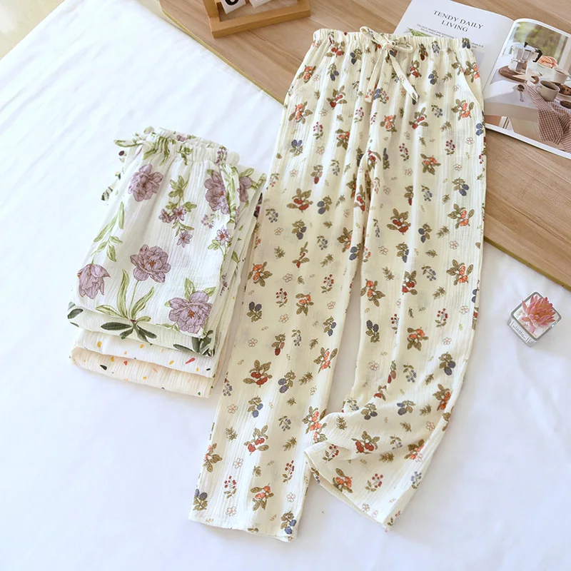 2024 Japanese New Spring/Summer Women\'s Sleeping Pants 100% Cotton Crepe Printed Pants Thin Loose Lace Home Pants Ladies