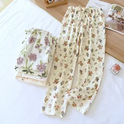 2024 Japanese New Spring/Summer Women's Sleeping Pants 100% Cotton Crepe Printed Pants Thin Loose Lace Home Pants Ladies