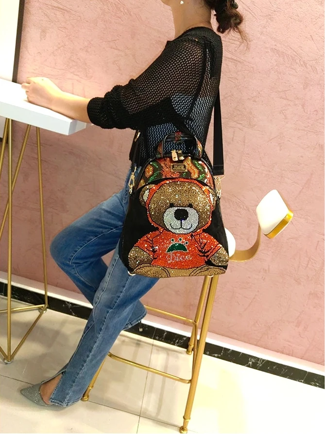 Vintage Waterproof Shiny Rhinestone Stylish Kawaii Bear Backpack Designer Fashion Luxury Travel Book Artificial Leather Backpack