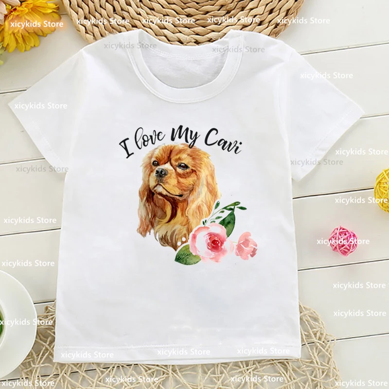 Cavalier King Charles Spaniel Pet Dog Animal Print Girls t-shirts Summer Fashion Kids tshirt Funny Boys t-shirts White Tops