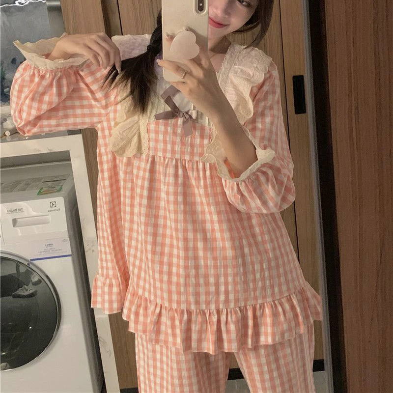 Plaid Sleepwear Women Pajama Sets Square Collar Piiama Lace Pants Sets 2 Pieces Long Sleeve Autumn Night Wears Korean Home Suit