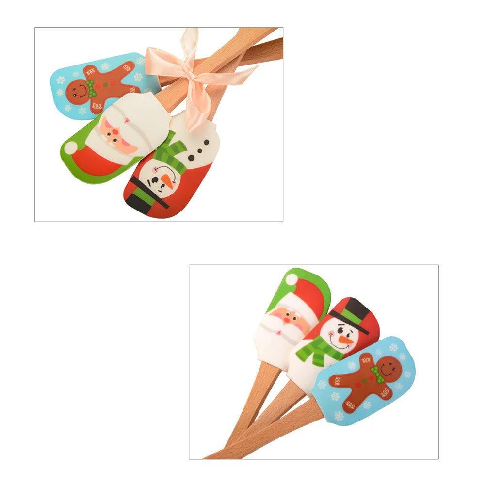 2 Buah Spatula Silikon Natal Gagang Kayu Pengikis Krim Mentega untuk Memanggang saat Liburan Alat Pencampur Dapur Santa Claus