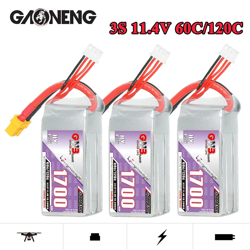 Batterie Lipo GNB 3S 11.4V, 1700mAh, 60C/120C, avec prise compte 60, pour importateur, hélicoptère, avion, quadricoptère, solitaire FPV, 3 pièces