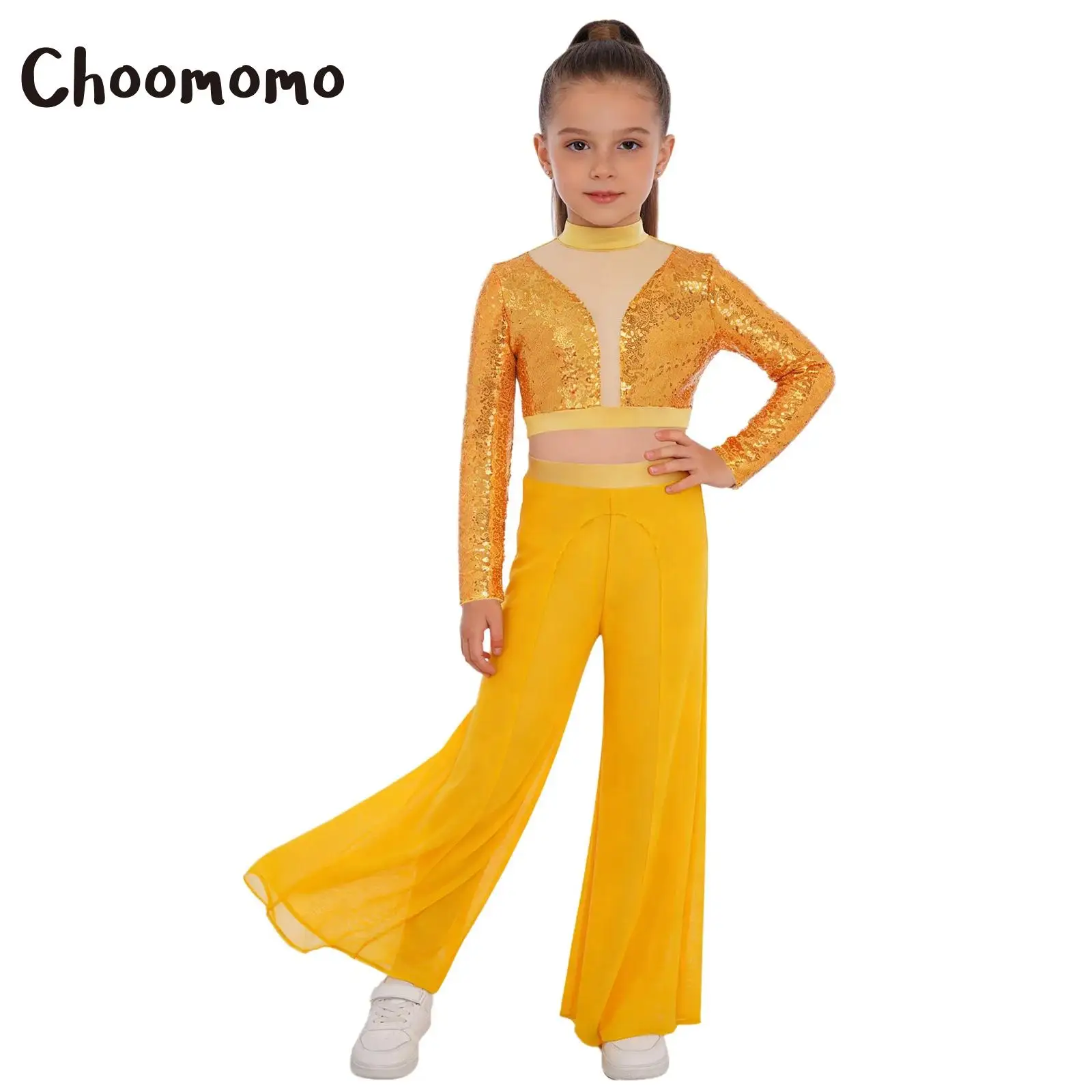 

Kid Girls Lyrical Dance Set Long Sleeve Sequin Crop Top with Mesh Wide-Leg Dance Pants Ballet Jazz Dance Performance Competition