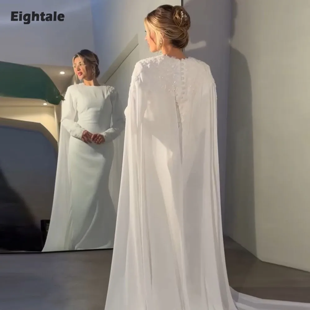 

Арабское свадебное платье Eightale с аппликациями, индивидуальный пошив, цвет слоновой кости, с круглым вырезом, длинными рукавами, мусульманское платье-русалка для невесты, праздничное платье