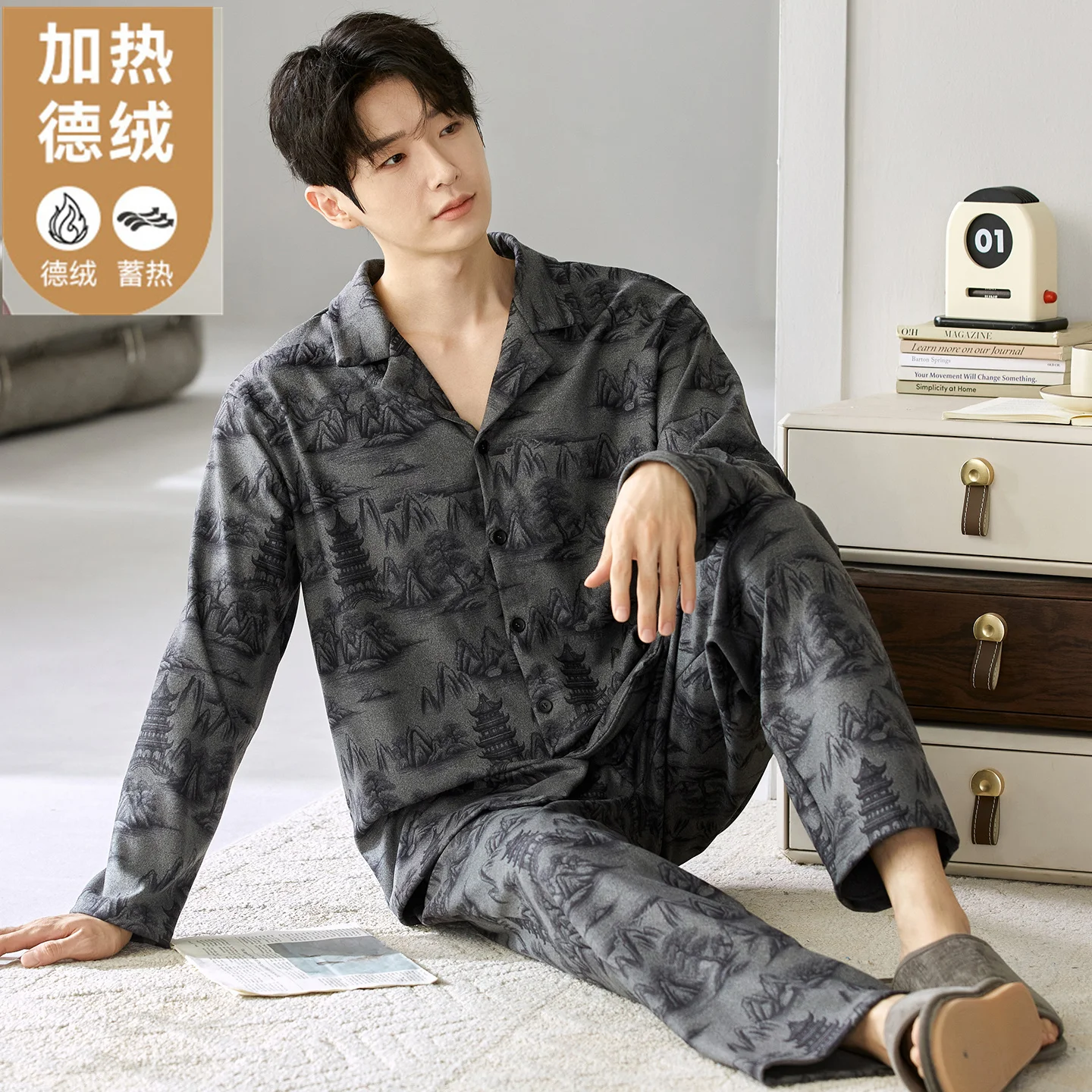 Korean Fashion Warm Homewear For Men Winter and Autumn Thin Fleece Pajamas Set Cardigan Long Sleeves Trouser Pjs Pyjamas Homme